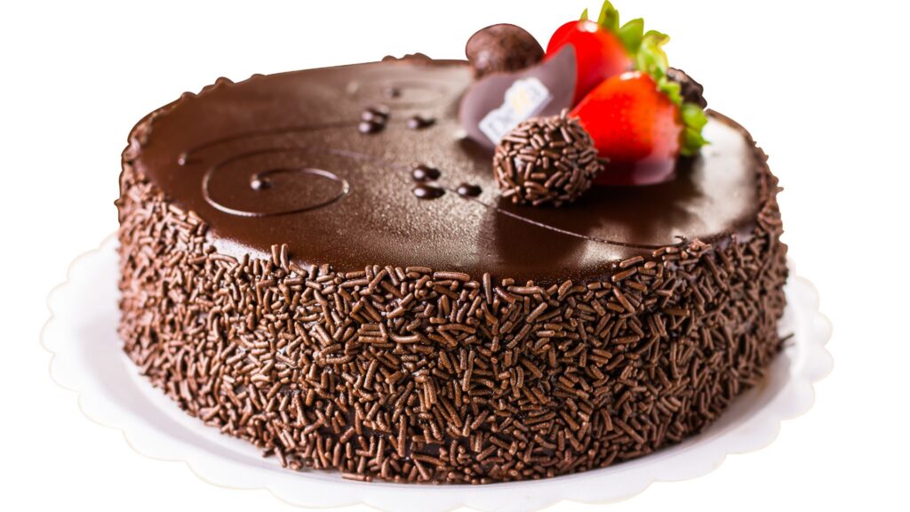 Shot of a perfect chocolate cake on a paper platter